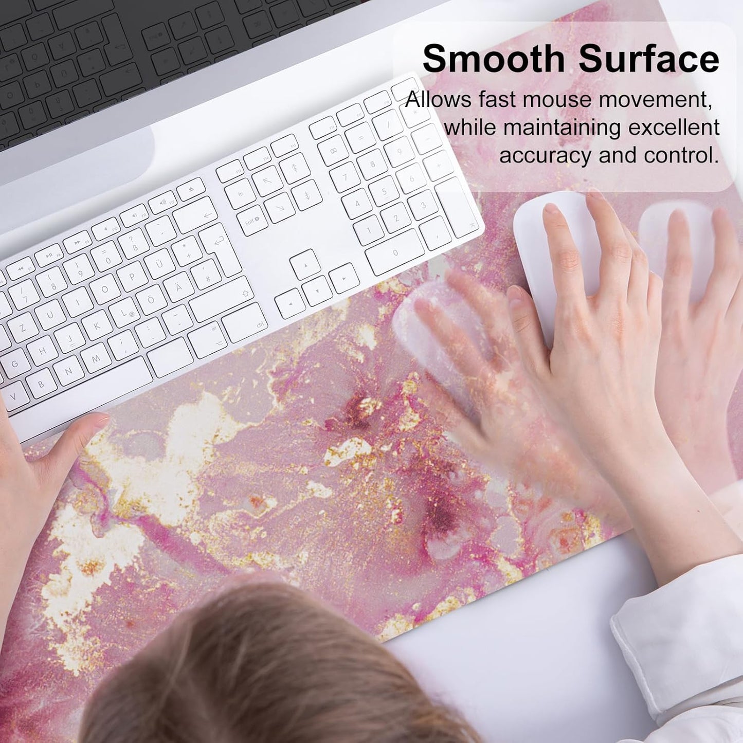 Large Mouse Pad, Cute Pink Desk Mat for Desktop, Women Girls PU Leather Waterproof Gaming Mousepad, Rose Gold Marble Computer PC Laptop Protector Writing Pads for School Office Home 31.5" X 15.7"