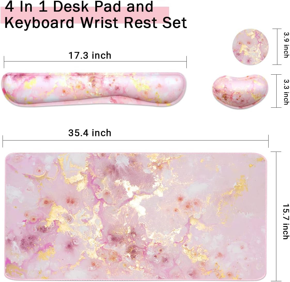 Keyboard Mouse Pad Set, Extended Mouse Pad+Keyboard Wrist Rest Support, Memory Foam Ergonomic Easy Typing, 3Pcs (35.4×15.7 In) Desk Pad Set for Home Office Study Game- Pink Gold Marble