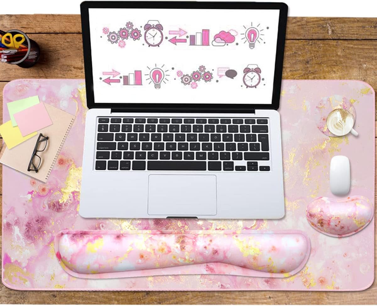 Keyboard Mouse Pad Set, Extended Mouse Pad+Keyboard Wrist Rest Support, Memory Foam Ergonomic Easy Typing, 3Pcs (35.4×15.7 In) Desk Pad Set for Home Office Study Game- Pink Gold Marble