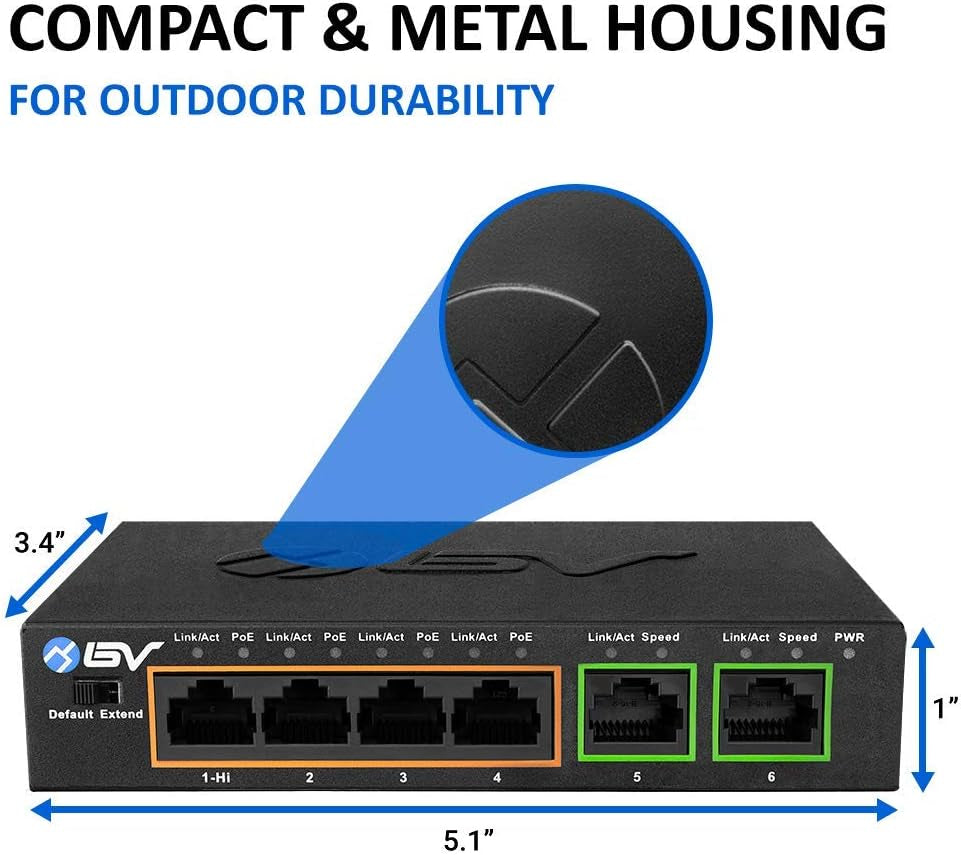 -Tech 6 Port Poe+ Switch (4 Poe+ Ports with 2 Ethernet Uplink and Extend Function) – 60W – 802.3At + 1 High Power Poe Port| Desktop Fanless Design | Sturdy Metal Housing